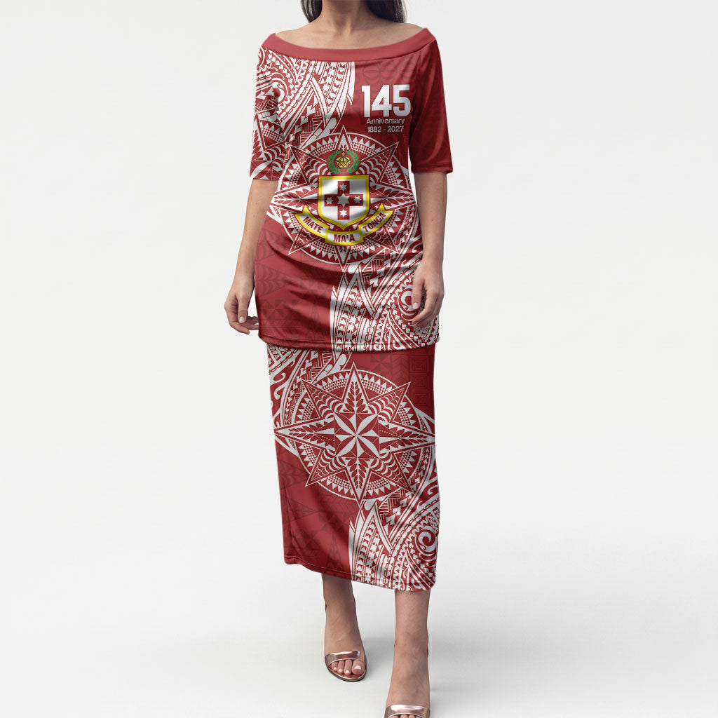 Personalised Kolisi Tonga Atele 145th Anniversary Puletasi Special Kupesi Pattern LT9 Long Dress White - Polynesian Pride