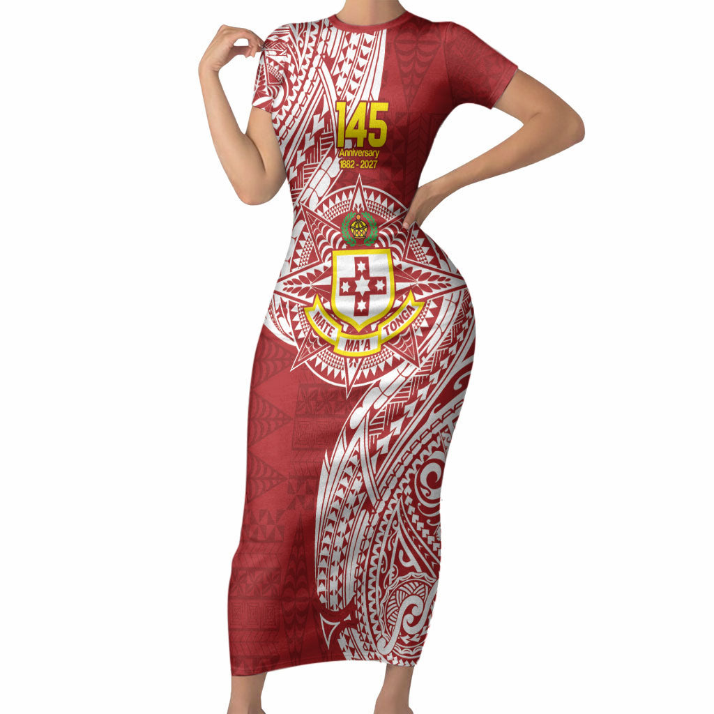 Personalised Kolisi Tonga Atele 145th Anniversary Short Sleeve Bodycon Dress Special Kupesi Pattern LT9 Long Dress White - Polynesian Pride