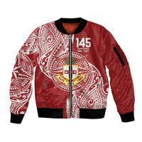 Personalised Kolisi Tonga Atele 142nd Anniversary Sleeve Zip Bomber Jacket Special Kupesi Pattern LT9 Unisex White - Polynesian Pride