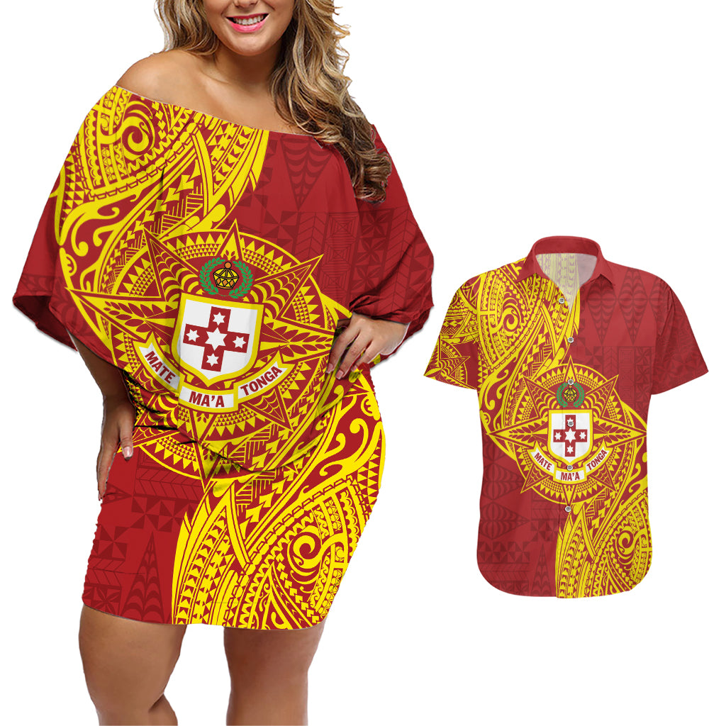 Personalised Kolisi Tonga Atele Couples Matching Off Shoulder Short Dress and Hawaiian Shirt Since 1882 Simple Ngatu Pattern