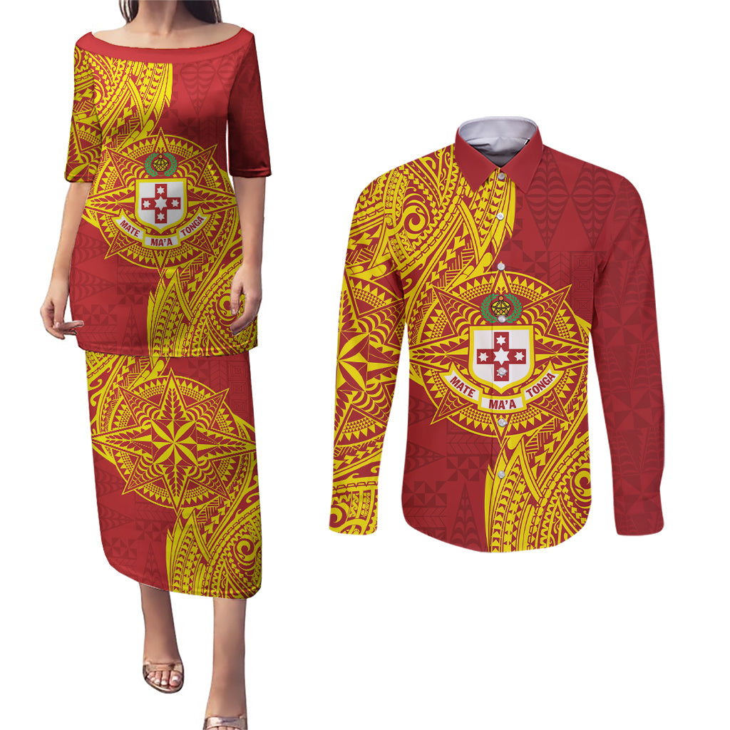 Personalised Kolisi Tonga Atele Couples Matching Puletasi and Long Sleeve Button Shirt Since 1882 Simple Ngatu Pattern