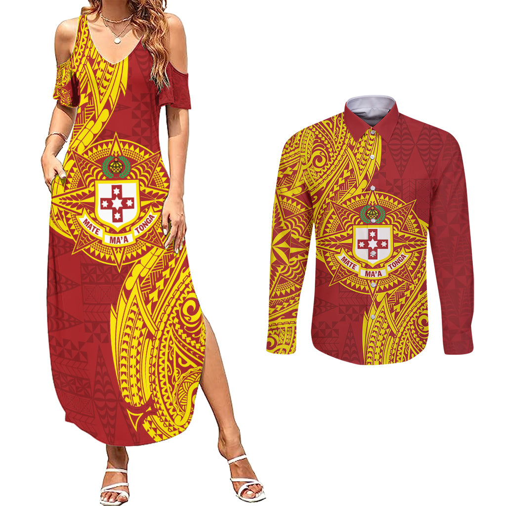 Personalised Kolisi Tonga Atele Couples Matching Summer Maxi Dress and Long Sleeve Button Shirt Since 1882 Simple Ngatu Pattern