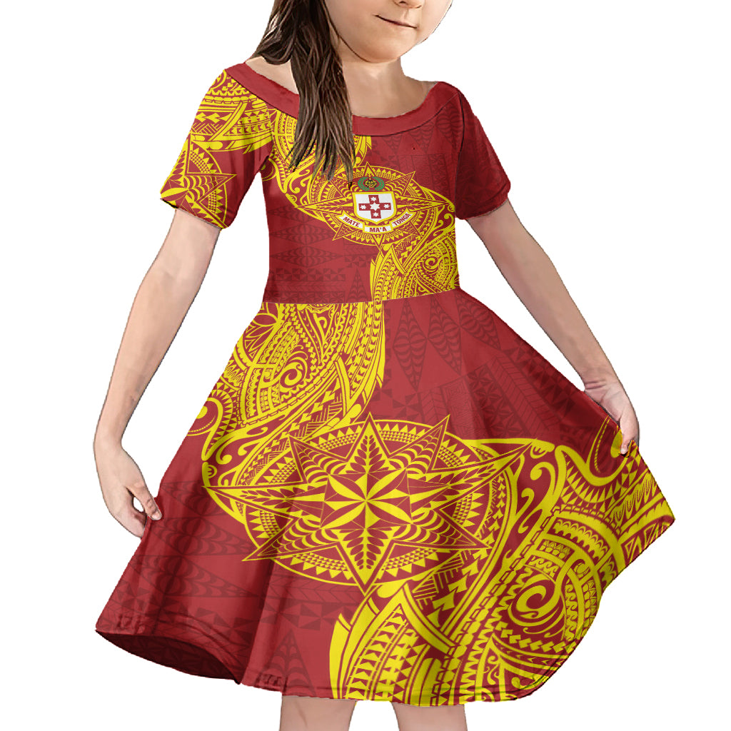 Personalised Kolisi Tonga Atele Kid Short Sleeve Dress Since 1882 Simple Ngatu Pattern LT9 KID Gold - Polynesian Pride