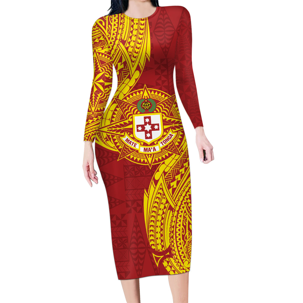 Personalised Kolisi Tonga Atele Long Sleeve Bodycon Dress Since 1882 Simple Ngatu Pattern LT9 Long Dress Gold - Polynesian Pride