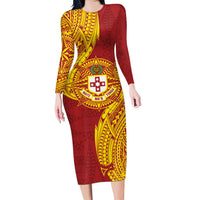 Personalised Kolisi Tonga Atele Long Sleeve Bodycon Dress Since 1882 Simple Ngatu Pattern LT9 Long Dress Gold - Polynesian Pride