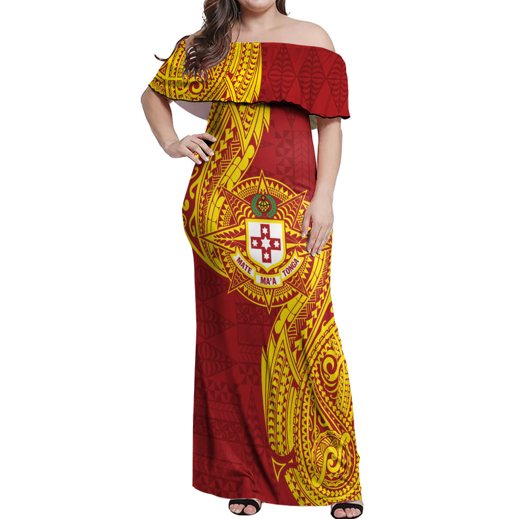 Personalised Kolisi Tonga Atele Off Shoulder Maxi Dress Since 1882 Simple Ngatu Pattern LT9 Women Gold - Polynesian Pride