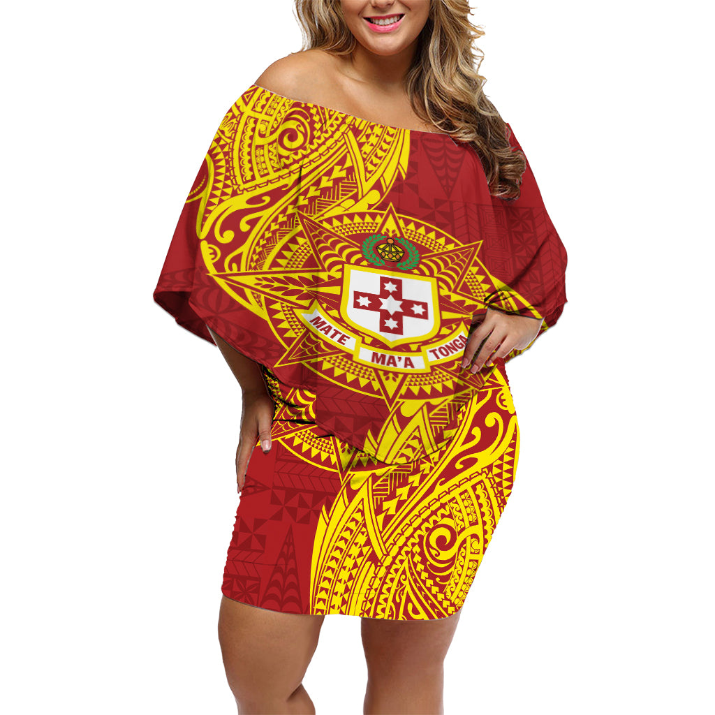Personalised Kolisi Tonga Atele Off Shoulder Short Dress Since 1882 Simple Ngatu Pattern LT9 Women Gold - Polynesian Pride