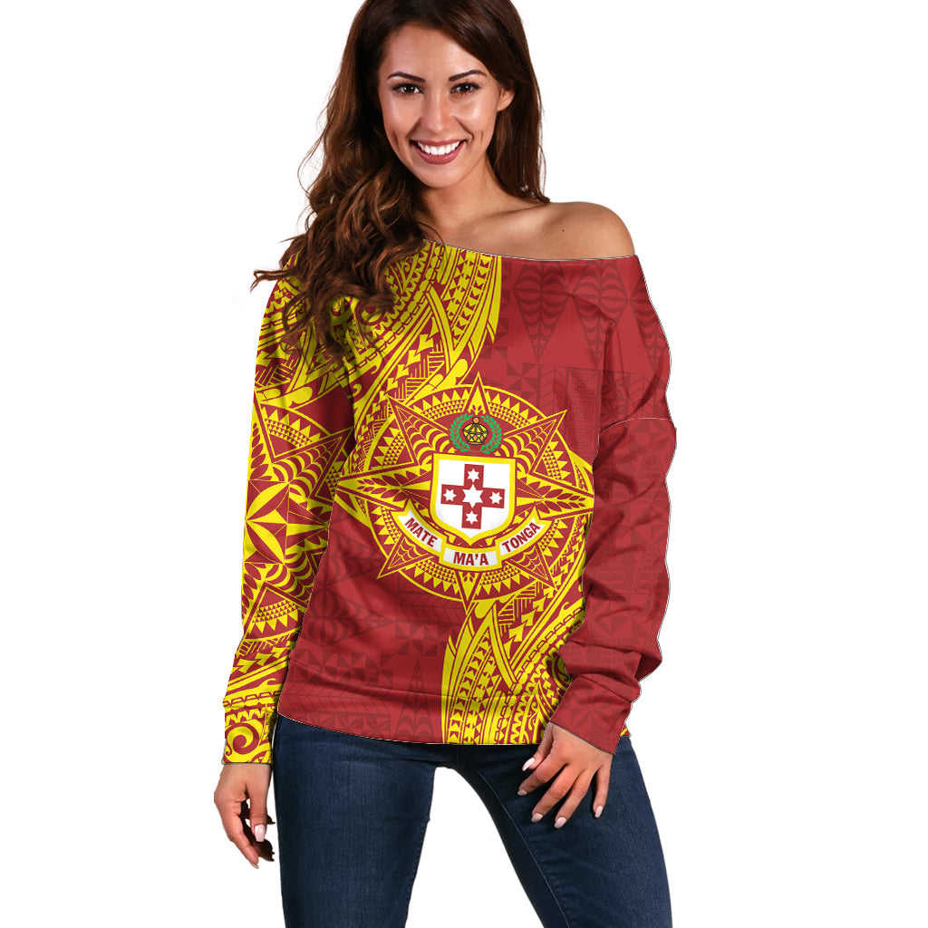 Personalised Kolisi Tonga Atele Off Shoulder Sweater Since 1882 Simple Ngatu Pattern LT9 Women Gold - Polynesian Pride
