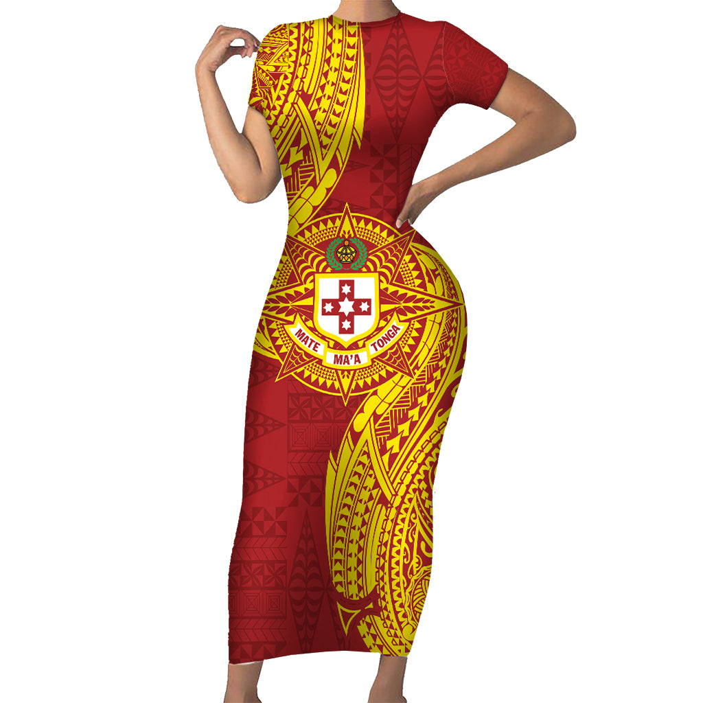 Personalised Kolisi Tonga Atele Short Sleeve Bodycon Dress Since 1882 Simple Ngatu Pattern LT9 Long Dress Gold - Polynesian Pride