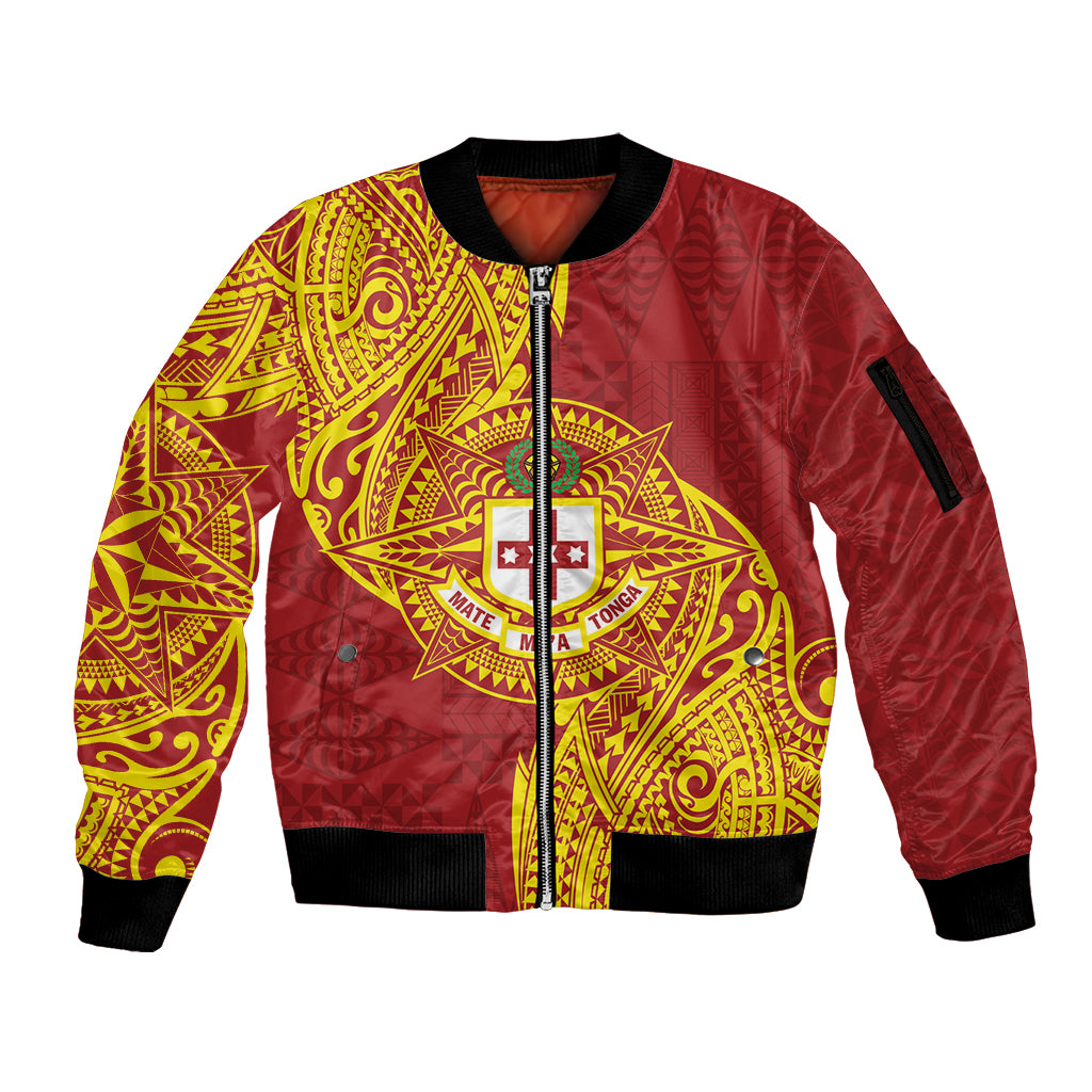 Personalised Kolisi Tonga Atele Sleeve Zip Bomber Jacket Since 1882 Simple Ngatu Pattern LT9 Unisex Gold - Polynesian Pride
