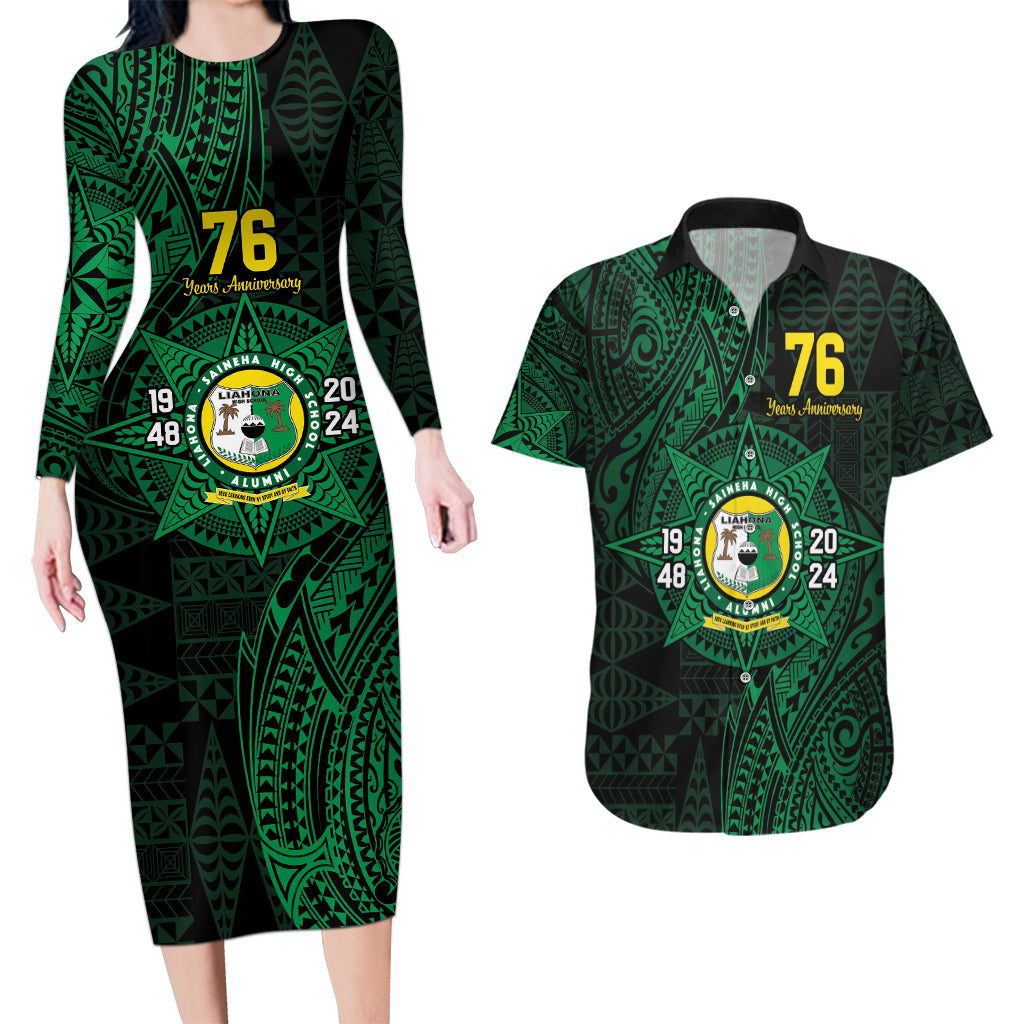 Personalised Tonga Liahona High School 76th Anniversary Couples Matching Long Sleeve Bodycon Dress and Hawaiian Shirt Special Kupesi Pattern