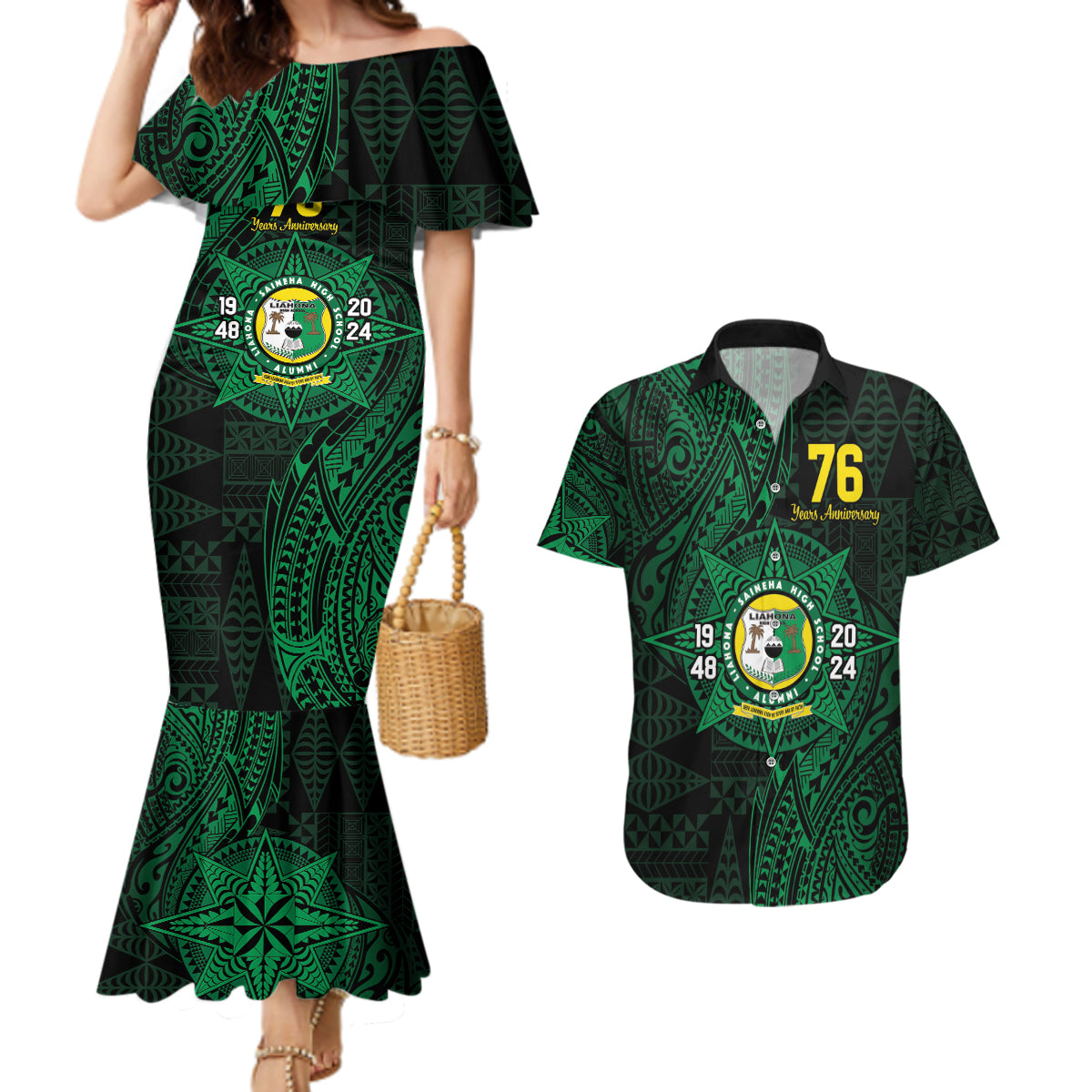 Personalised Tonga Liahona High School 76th Anniversary Couples Matching Mermaid Dress and Hawaiian Shirt Special Kupesi Pattern