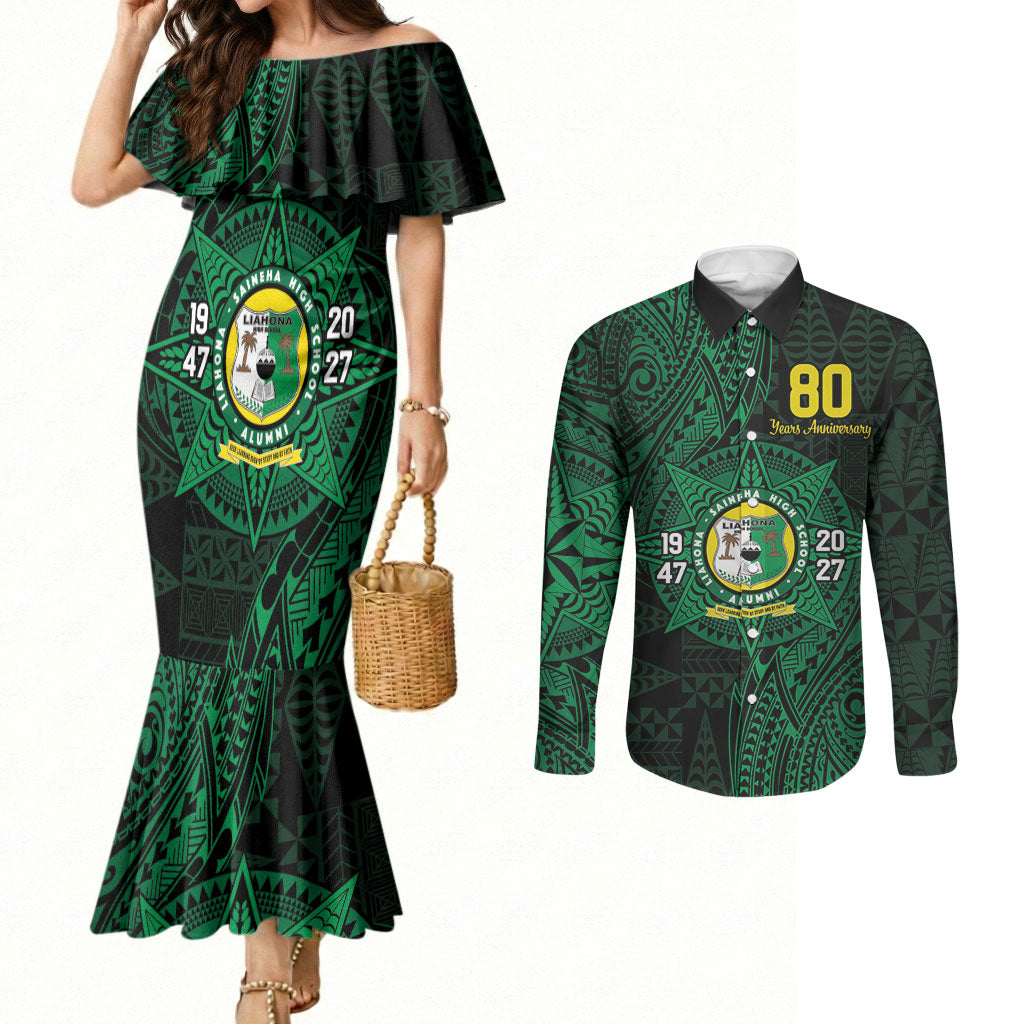 Personalised Tonga Liahona High School 80th Anniversary Couples Matching Mermaid Dress and Long Sleeve Button Shirt Special Kupesi Pattern LT9 Green - Polynesian Pride