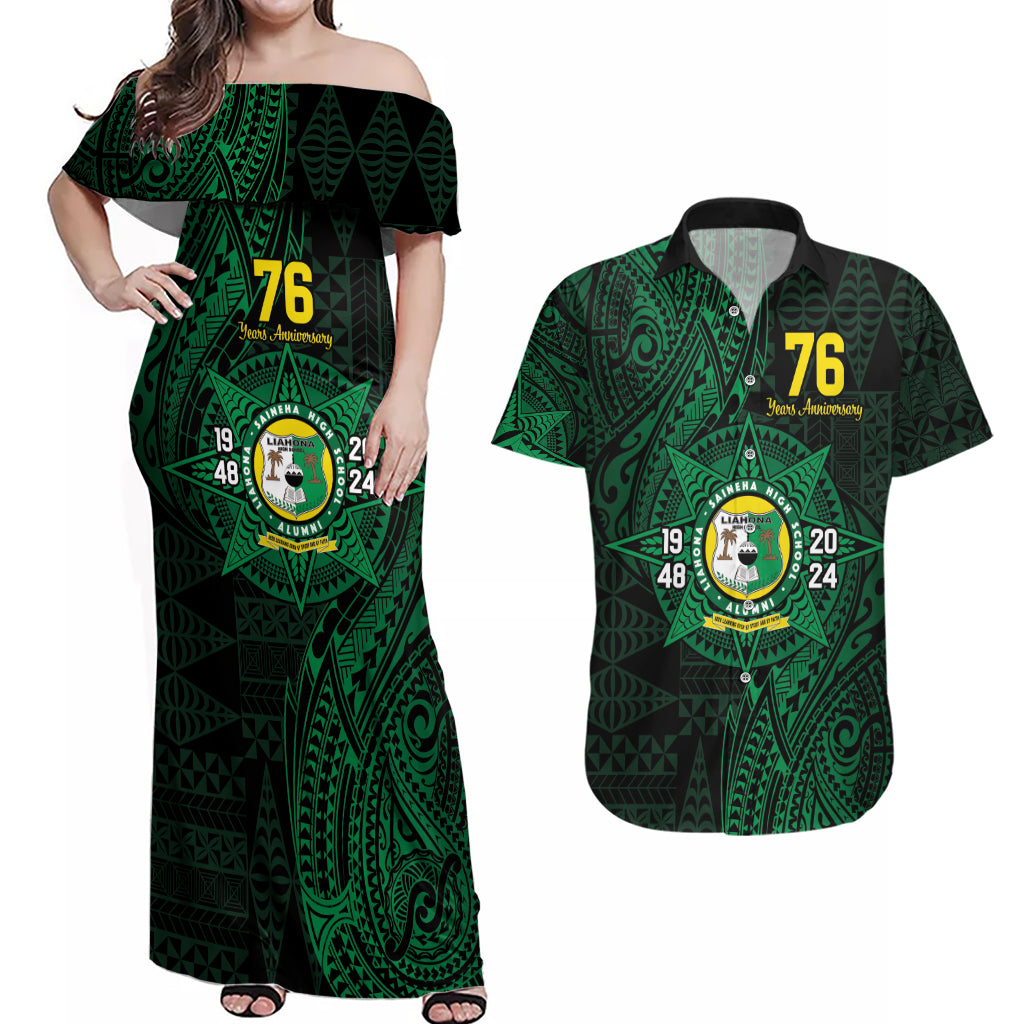 Personalised Tonga Liahona High School 76th Anniversary Couples Matching Off Shoulder Maxi Dress and Hawaiian Shirt Special Kupesi Pattern