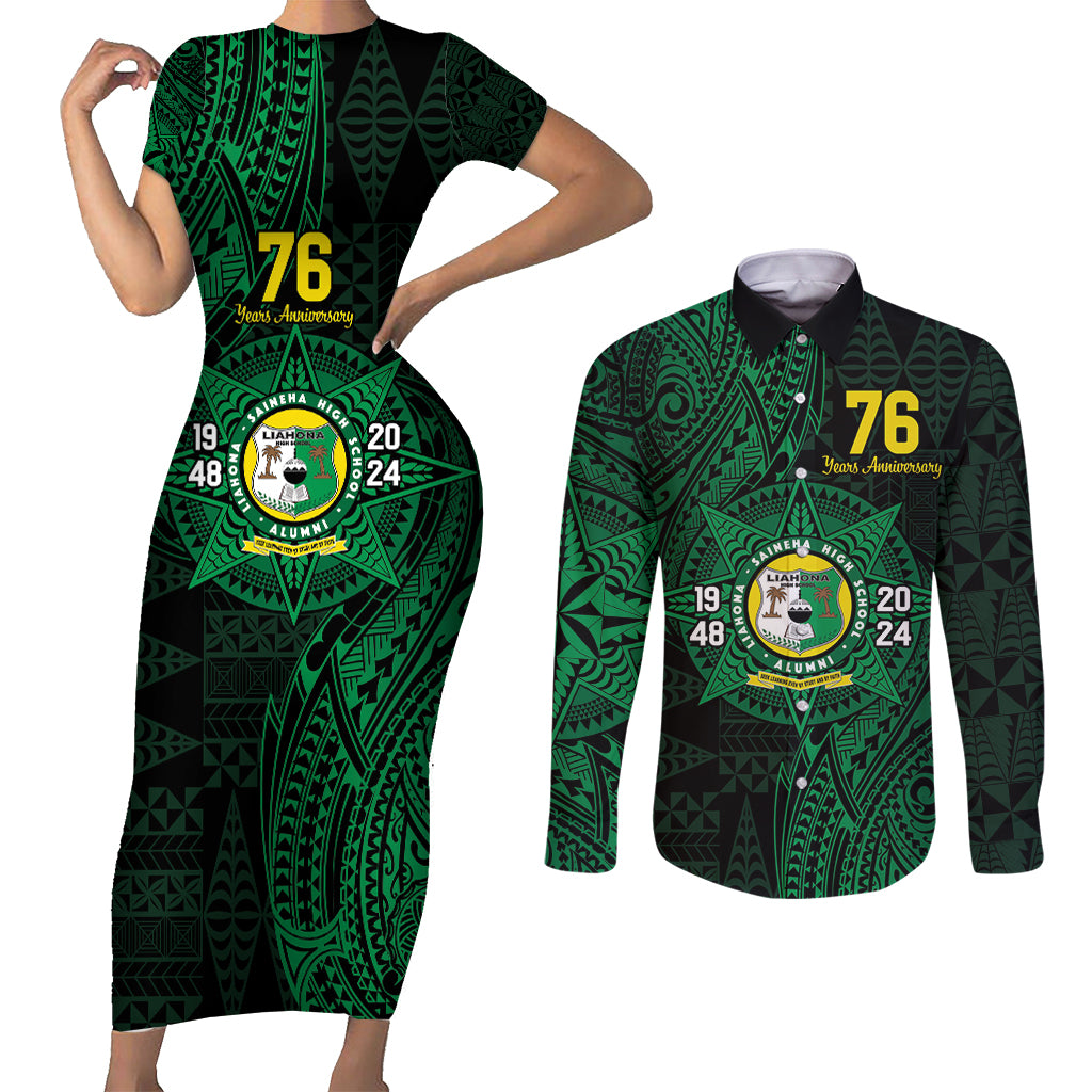 Personalised Tonga Liahona High School 76th Anniversary Couples Matching Short Sleeve Bodycon Dress and Long Sleeve Button Shirt Special Kupesi Pattern