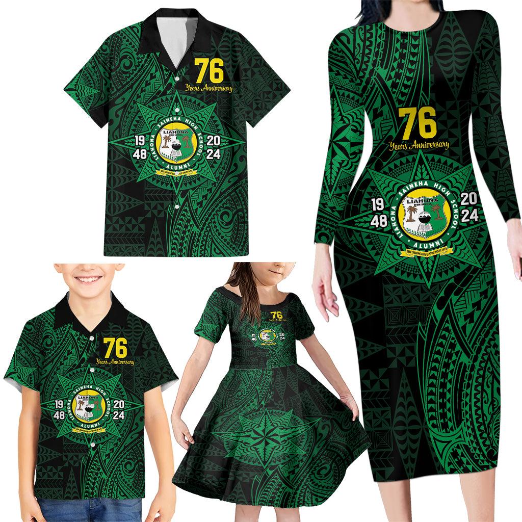 Personalised Tonga Liahona High School 76th Anniversary Family Matching Long Sleeve Bodycon Dress and Hawaiian Shirt Special Kupesi Pattern