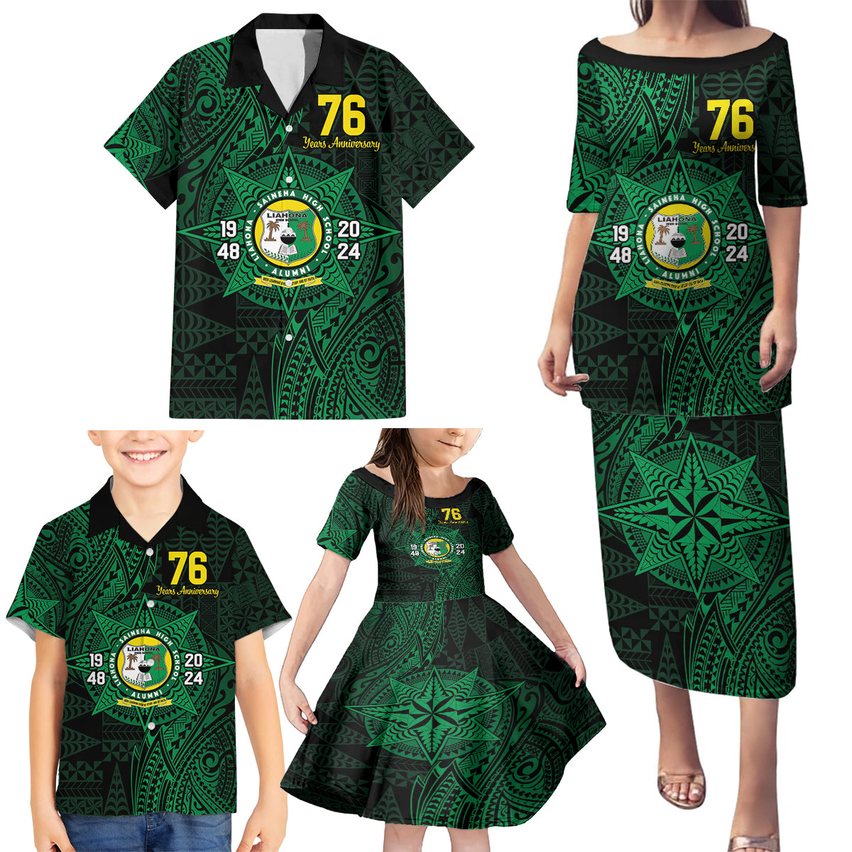 Personalised Tonga Liahona High School 76th Anniversary Family Matching Puletasi and Hawaiian Shirt Special Kupesi Pattern