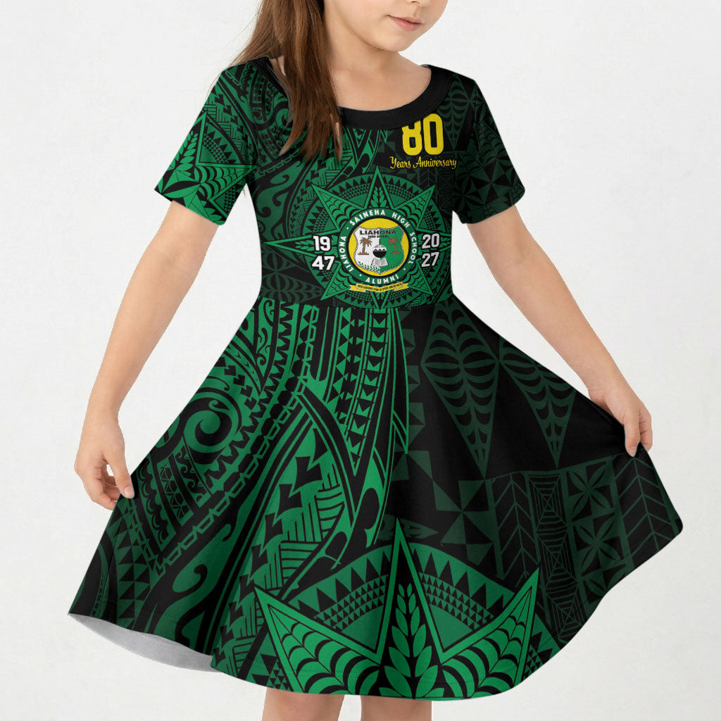 Personalised Tonga Liahona High School 76th Anniversary Kid Short Sleeve Dress Special Kupesi Pattern LT9 KID Green - Polynesian Pride