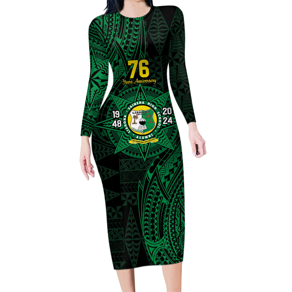 Personalised Tonga Liahona High School 76th Anniversary Long Sleeve Bodycon Dress Special Kupesi Pattern