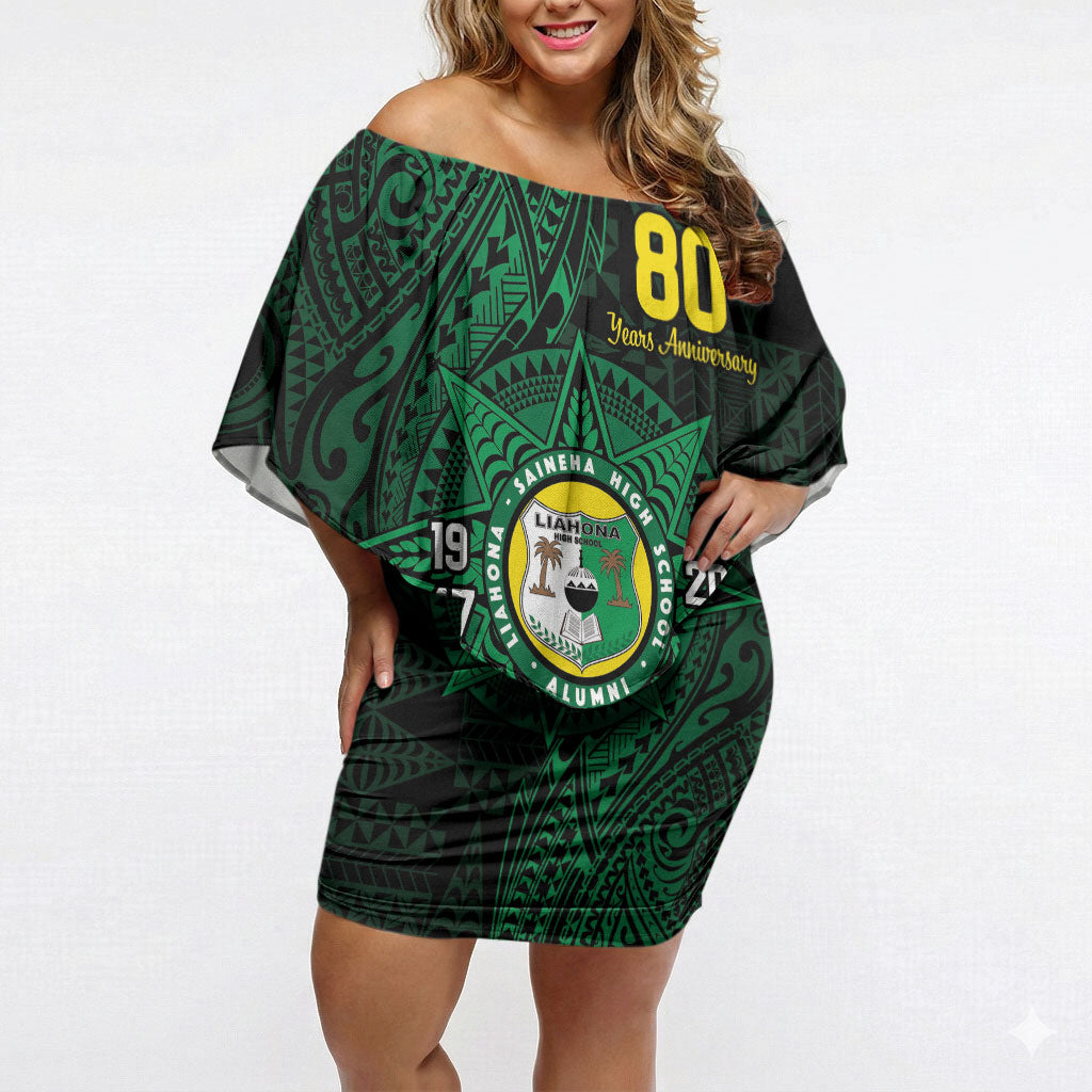 Personalised Tonga Liahona High School 80th Anniversary Off Shoulder Short Dress Special Kupesi Pattern LT9 Women Green - Polynesian Pride