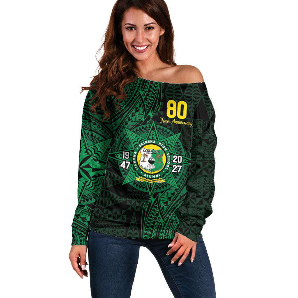Personalised Tonga Liahona High School 80th Anniversary Off Shoulder Sweater Special Kupesi Pattern LT9 Women Green - Polynesian Pride