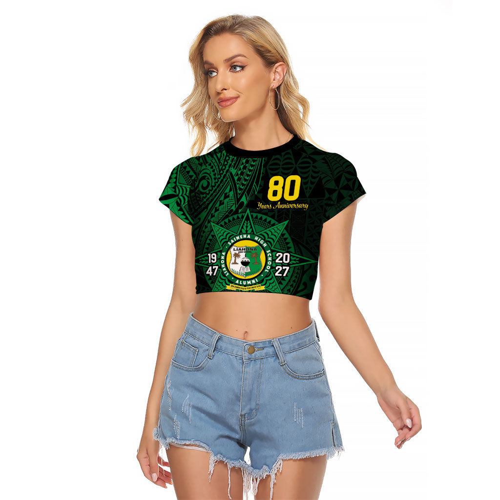 Personalised Tonga Liahona High School 76th Anniversary Raglan Cropped T Shirt Special Kupesi Pattern LT9 Female Green - Polynesian Pride