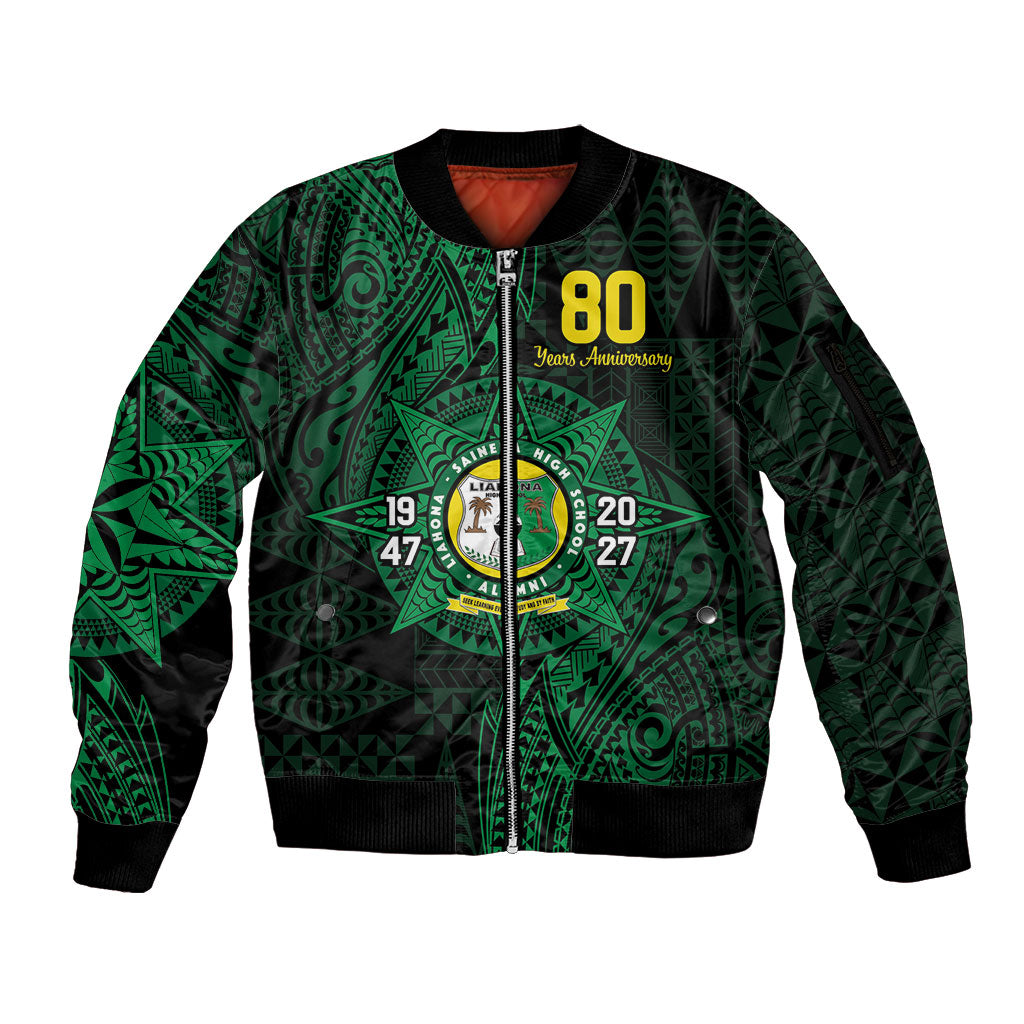 Personalised Tonga Liahona High School 76th Anniversary Sleeve Zip Bomber Jacket Special Kupesi Pattern LT9 Unisex Green - Polynesian Pride
