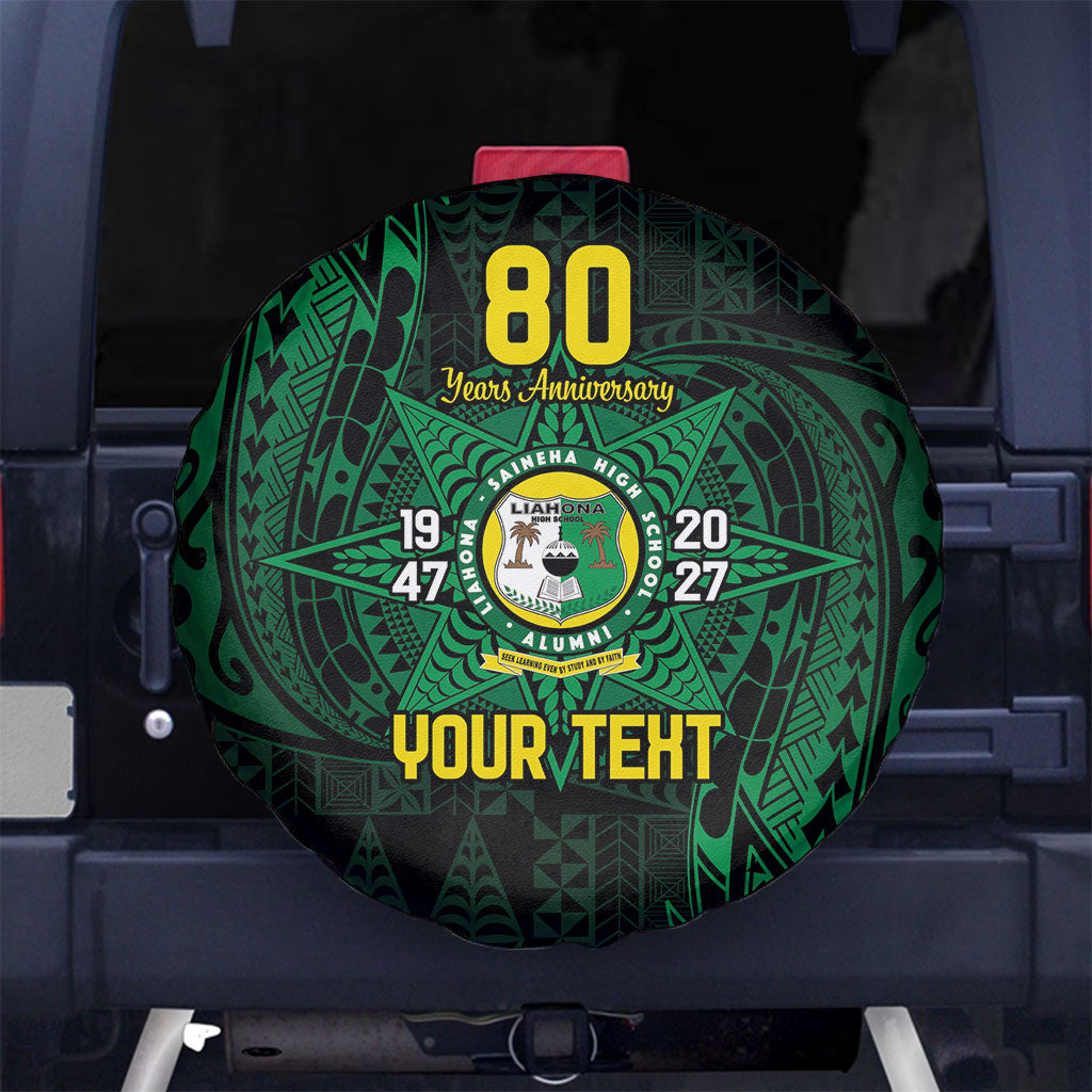 Personalised Tonga Liahona High School 80th Anniversary Spare Tire Cover Special Kupesi Pattern LT9 No hole Green - Polynesian Pride