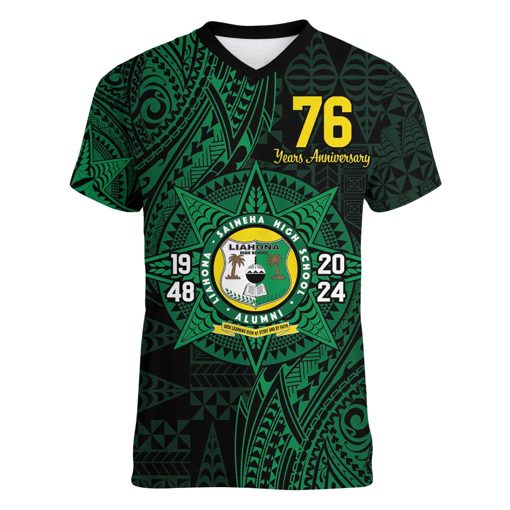 Personalised Tonga Liahona High School 76th Anniversary Women V-Neck T-Shirt Special Kupesi Pattern