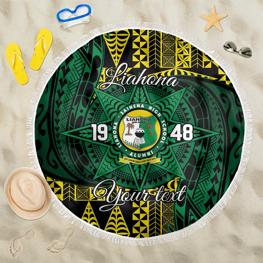 Personalised Tonga Liahona High School Beach Blanket Since 1948 Special Kupesi Pattern LT9 One Size 150cm Green - Polynesian Pride