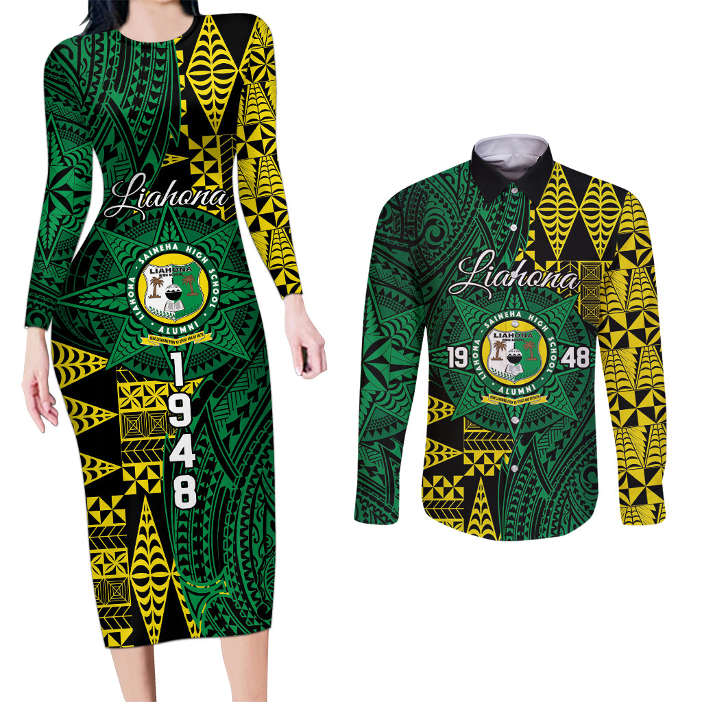 Personalised Tonga Liahona High School Couples Matching Long Sleeve Bodycon Dress and Long Sleeve Button Shirt Since 1948 Special Kupesi Pattern