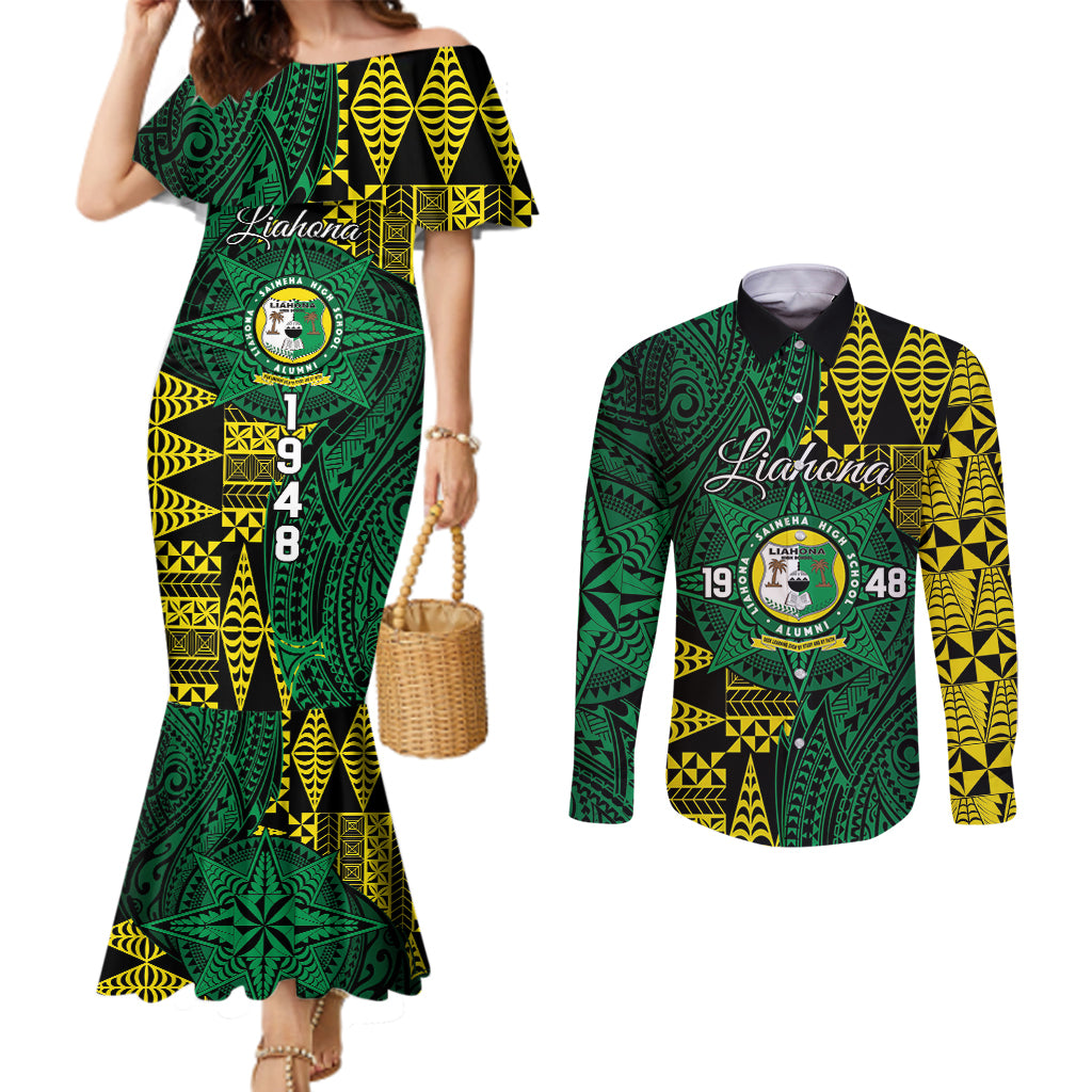 Personalised Tonga Liahona High School Couples Matching Mermaid Dress and Long Sleeve Button Shirt Since 1948 Special Kupesi Pattern