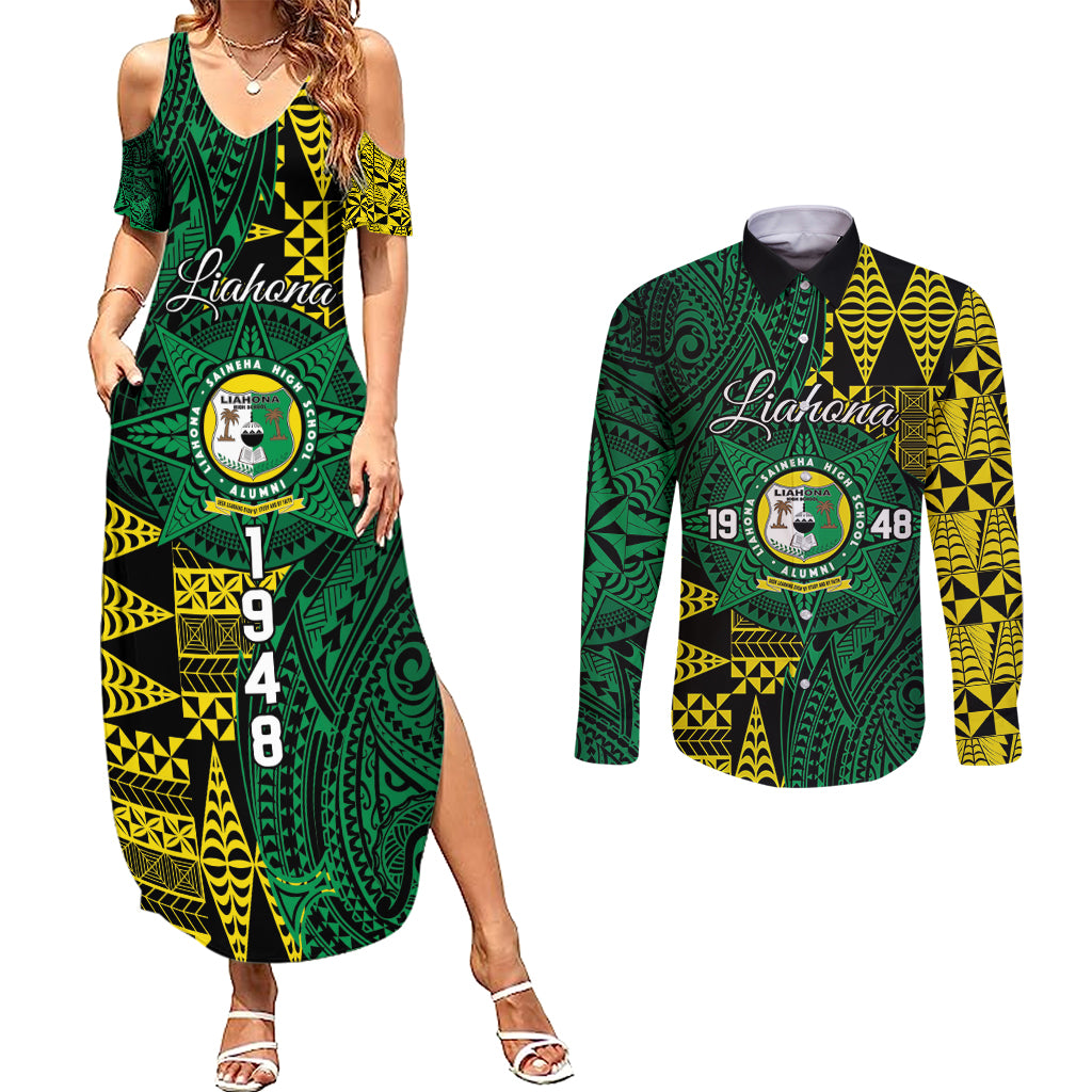 Personalised Tonga Liahona High School Couples Matching Summer Maxi Dress and Long Sleeve Button Shirt Since 1948 Special Kupesi Pattern