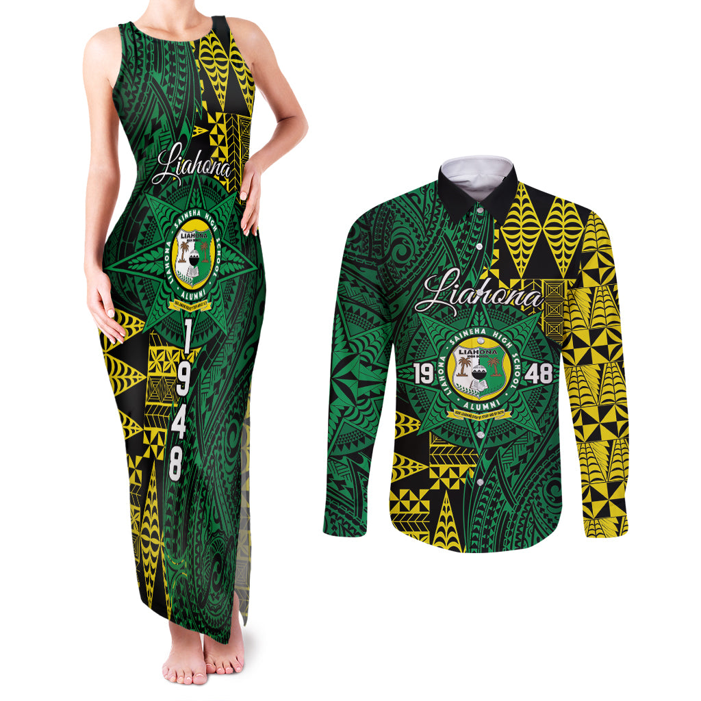 Personalised Tonga Liahona High School Couples Matching Tank Maxi Dress and Long Sleeve Button Shirt Since 1948 Special Kupesi Pattern