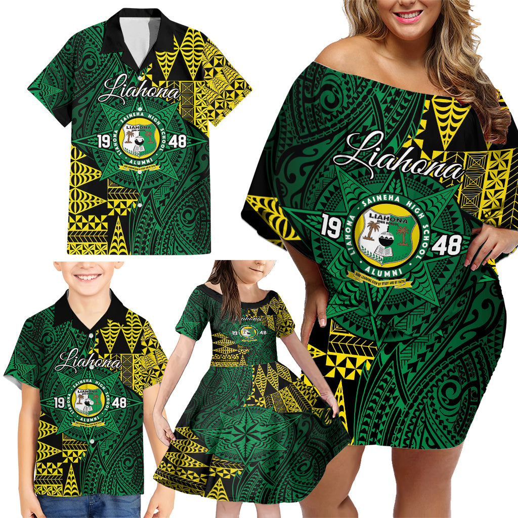 Personalised Tonga Liahona High School Family Matching Off Shoulder Short Dress and Hawaiian Shirt Since 1948 Special Kupesi Pattern