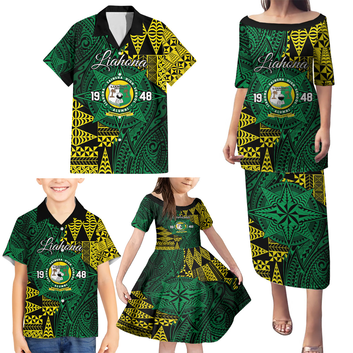 Personalised Tonga Liahona High School Family Matching Puletasi and Hawaiian Shirt Since 1948 Special Kupesi Pattern