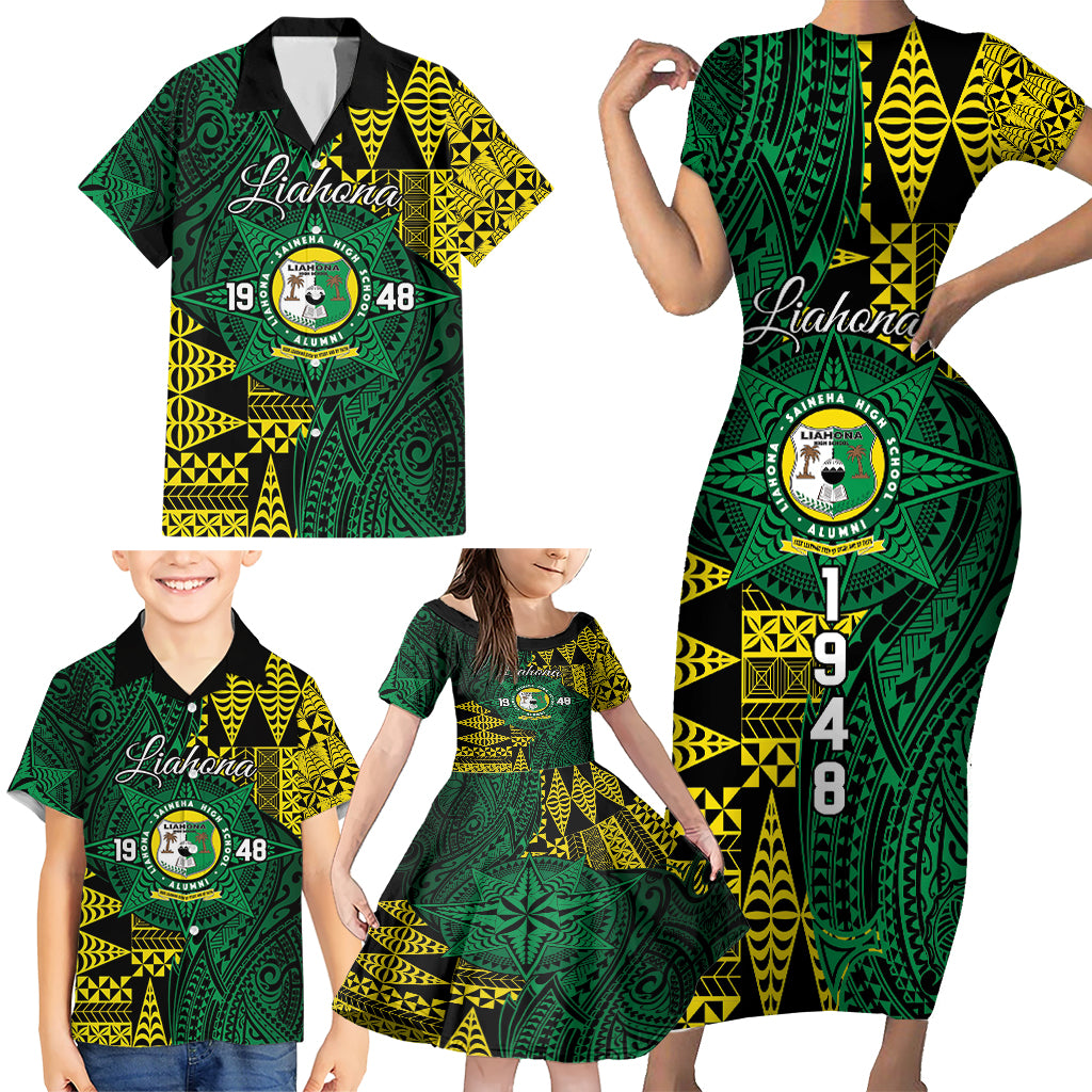 Personalised Tonga Liahona High School Family Matching Short Sleeve Bodycon Dress and Hawaiian Shirt Since 1948 Special Kupesi Pattern