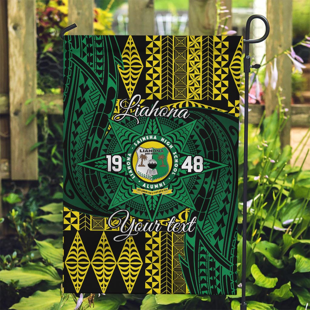 Personalised Tonga Liahona High School Garden Flag Since 1948 Special Kupesi Pattern LT9 Garden Flag Green - Polynesian Pride