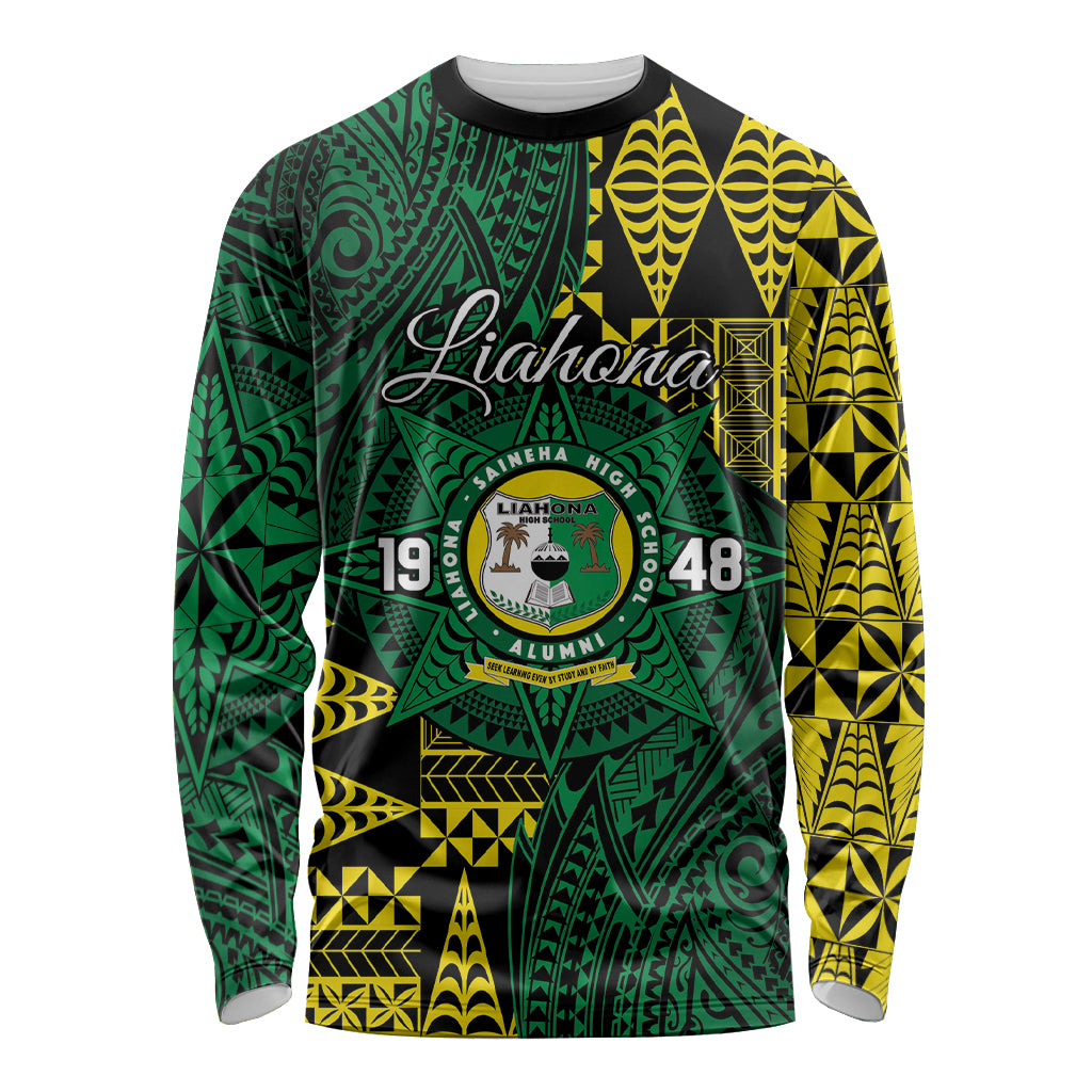 Personalised Tonga Liahona High School Long Sleeve Shirt Since 1948 Special Kupesi Pattern LT9 Unisex Green - Polynesian Pride