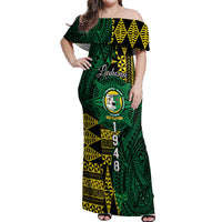 Personalised Tonga Liahona High School Off Shoulder Maxi Dress Since 1948 Special Kupesi Pattern LT9 Women Green - Polynesian Pride
