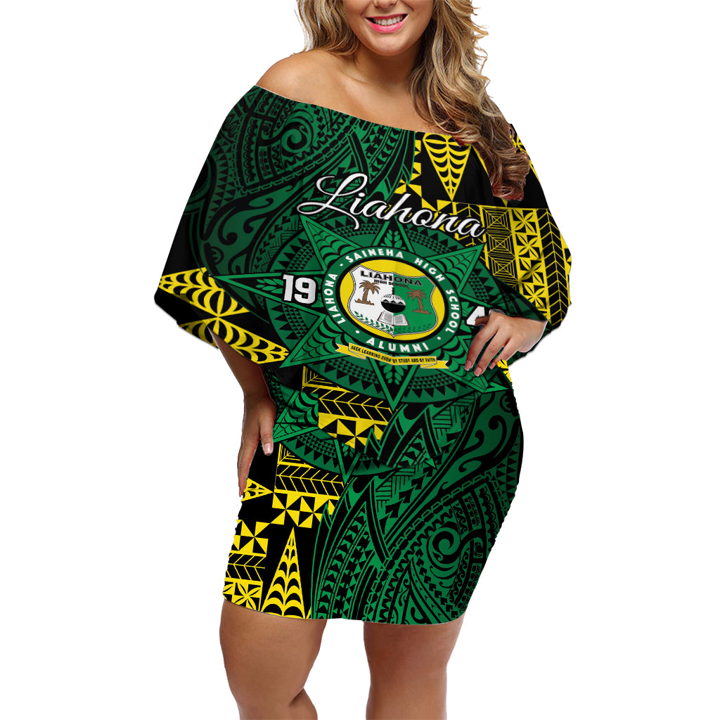 Personalised Tonga Liahona High School Off Shoulder Short Dress Since 1948 Special Kupesi Pattern LT9 Women Green - Polynesian Pride
