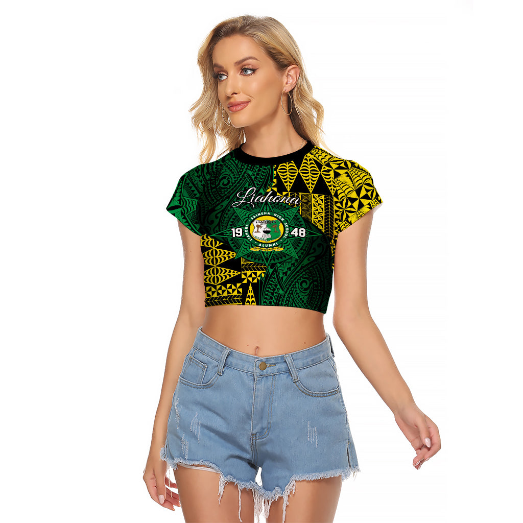 Personalised Tonga Liahona High School Raglan Cropped T Shirt Since 1948 Special Kupesi Pattern LT9 Female Green - Polynesian Pride