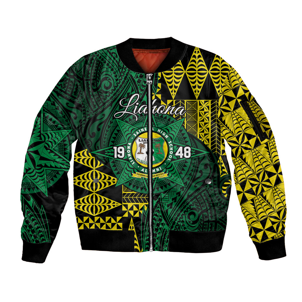 Personalised Tonga Liahona High School Sleeve Zip Bomber Jacket Since 1948 Special Kupesi Pattern LT9 Unisex Green - Polynesian Pride