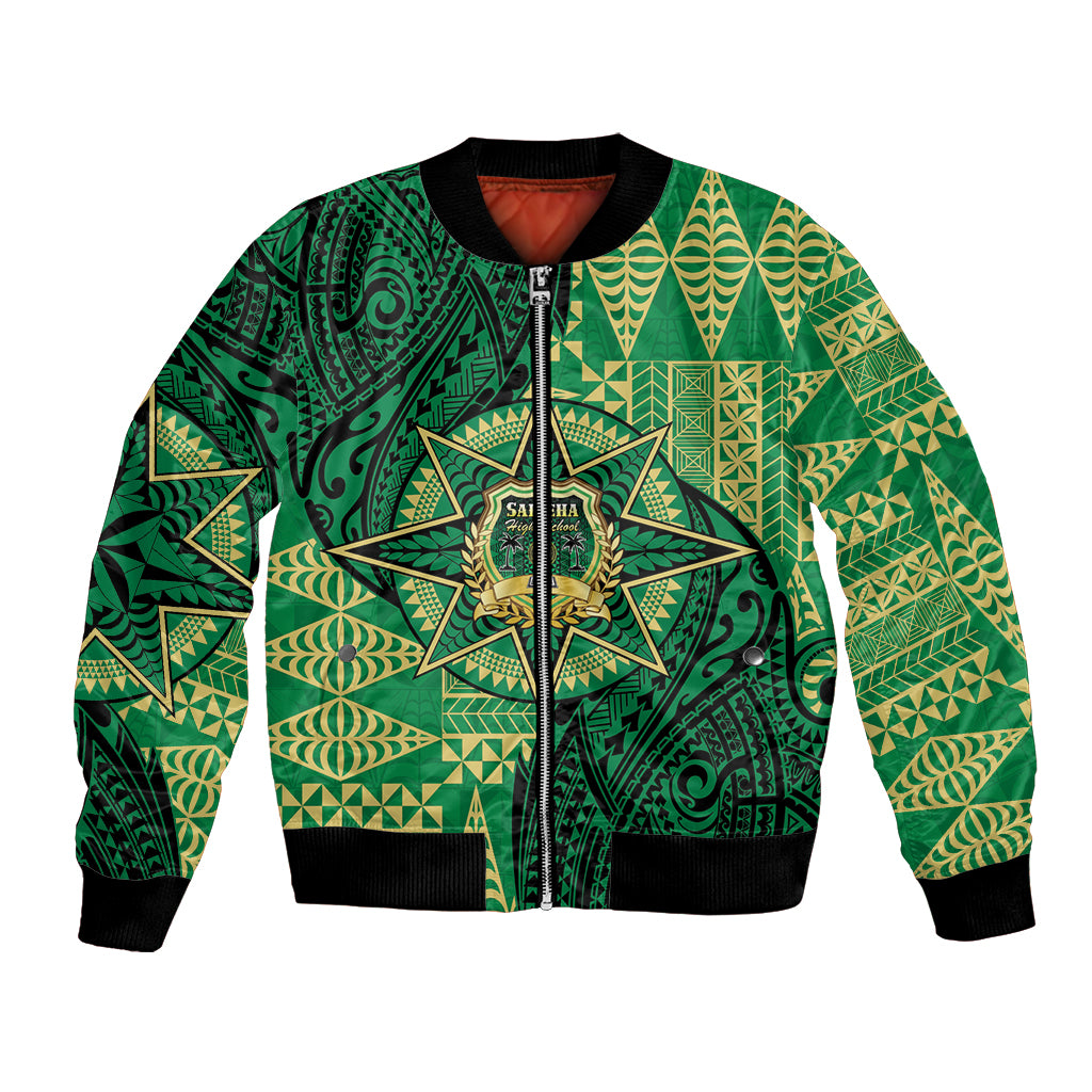 Personalised Tonga Saineha High School Bomber Jacket Since 1978 Special Kupesi Pattern LT9 Unisex Green - Polynesian Pride