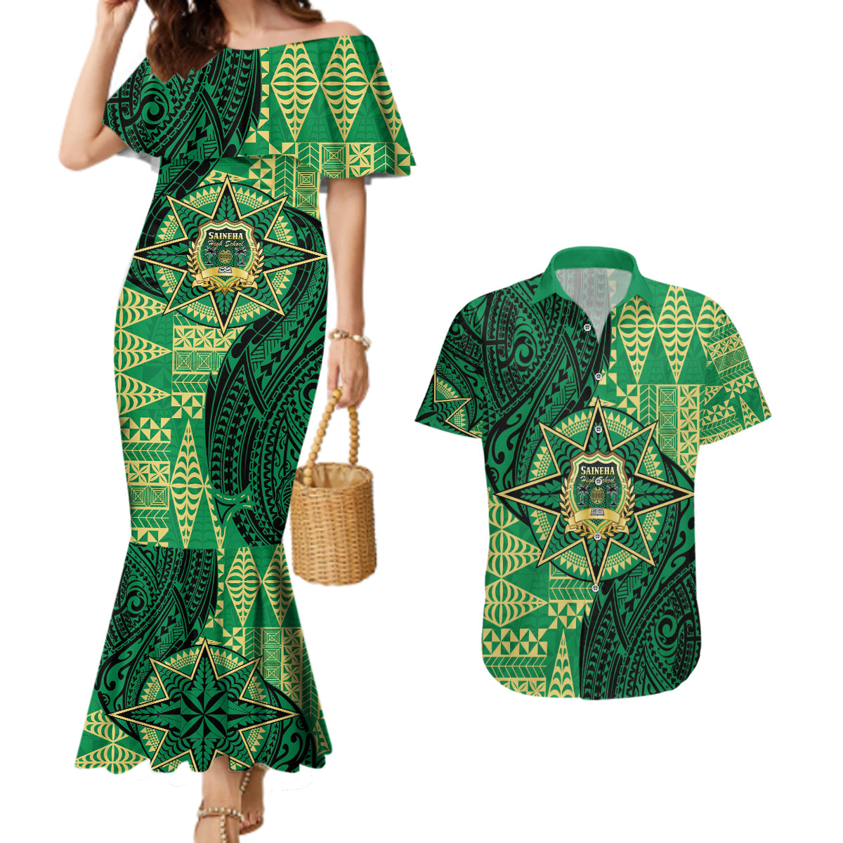 Personalised Tonga Saineha High School Couples Matching Mermaid Dress and Hawaiian Shirt Since 1978 Special Kupesi Pattern