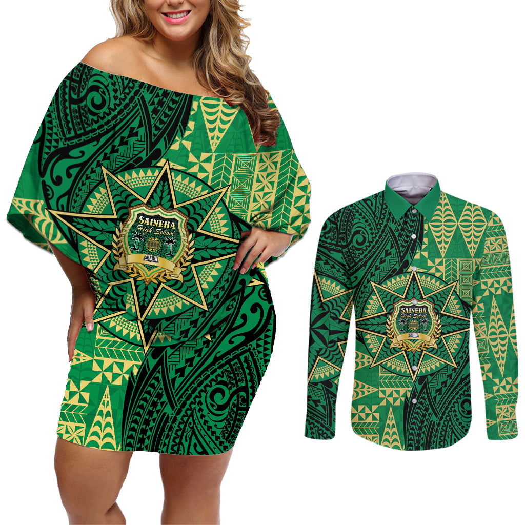 Personalised Tonga Saineha High School Couples Matching Off Shoulder Short Dress and Long Sleeve Button Shirt Since 1978 Special Kupesi Pattern