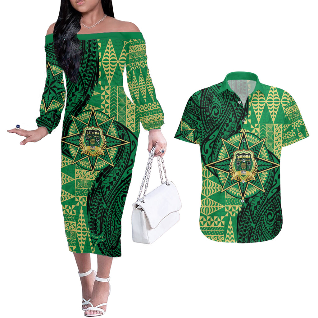 Personalised Tonga Saineha High School Couples Matching Off The Shoulder Long Sleeve Dress and Hawaiian Shirt Since 1978 Special Kupesi Pattern