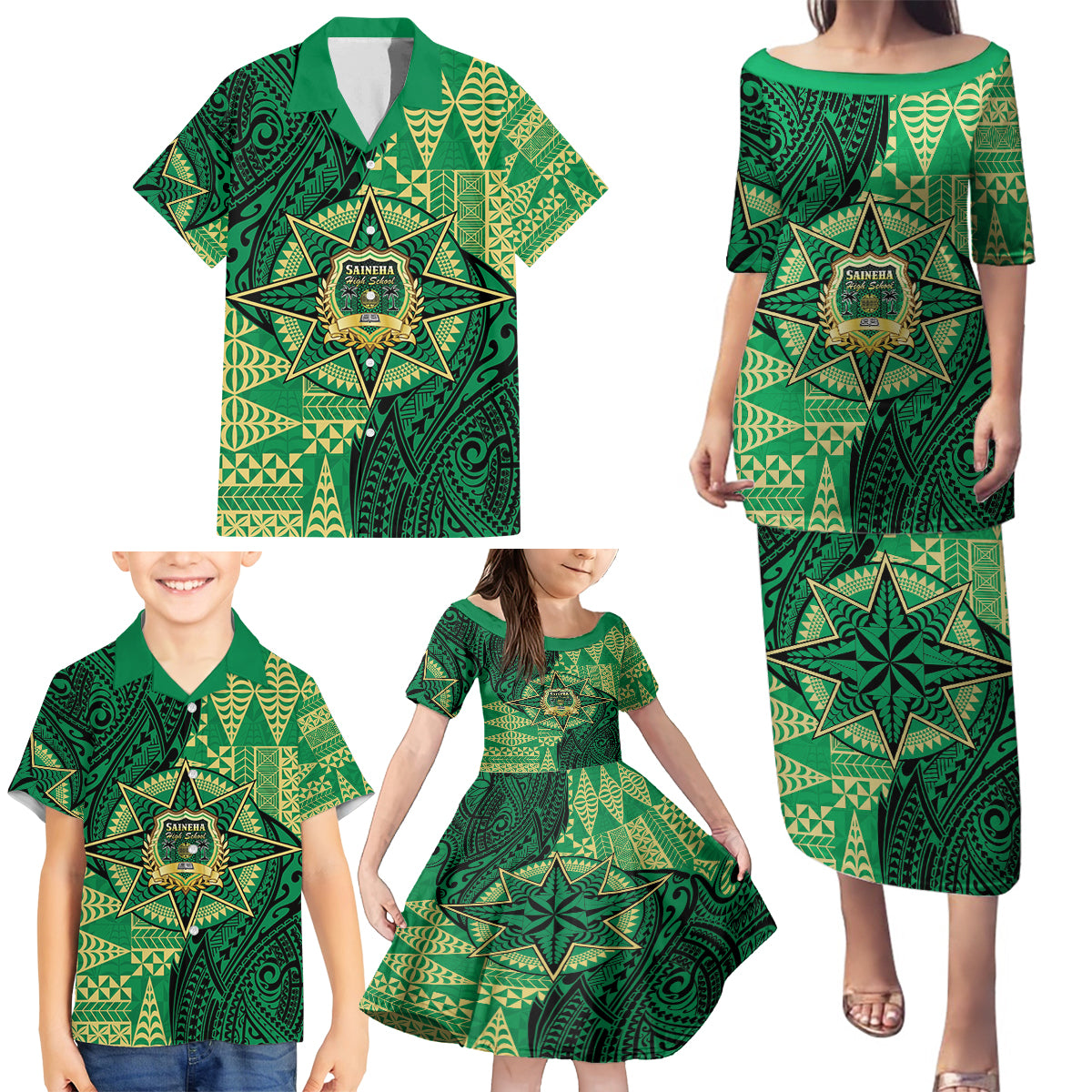 Personalised Tonga Saineha High School Family Matching Puletasi and Hawaiian Shirt Since 1978 Special Kupesi Pattern