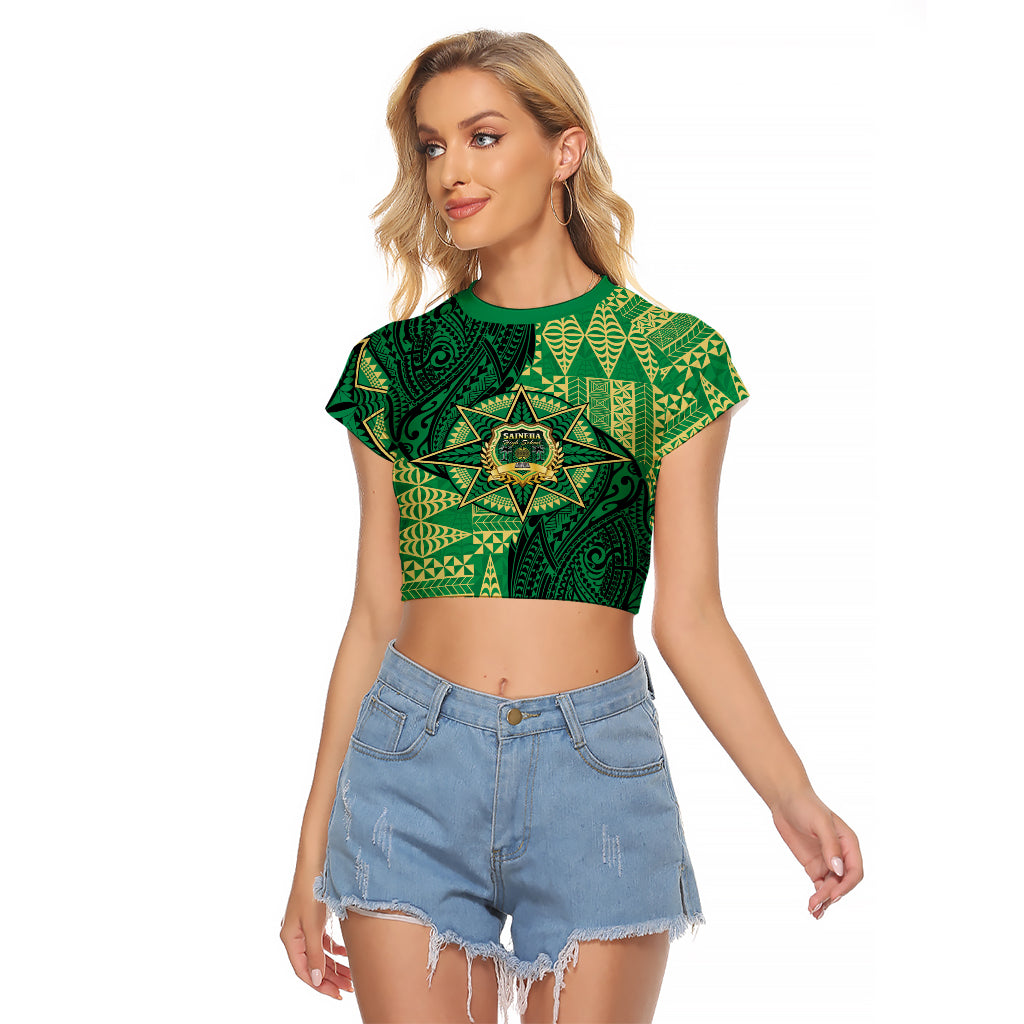 Personalised Tonga Saineha High School Raglan Cropped T Shirt Since 1978 Special Kupesi Pattern LT9 Female Green - Polynesian Pride