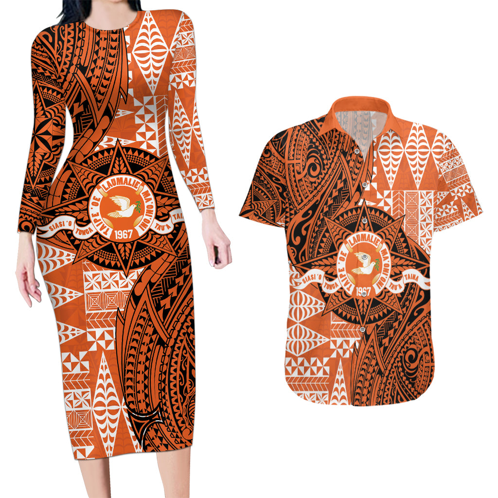 Personalised Tonga Tailulu College Couples Matching Long Sleeve Bodycon Dress and Hawaiian Shirt Since 1967 Special Kupesi Pattern Version 2